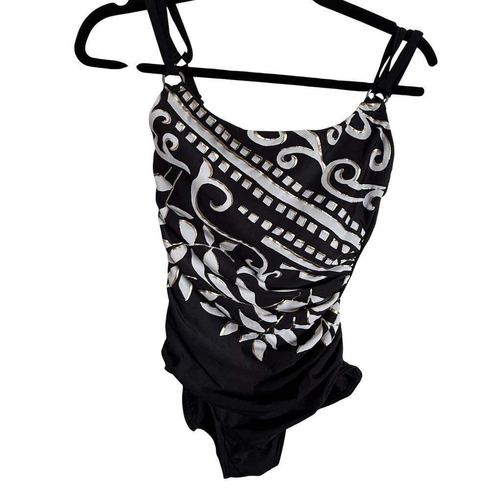 Miraclesuit Womens Black Gold White Scroll One Piece Swimsuit Tummy Control 8